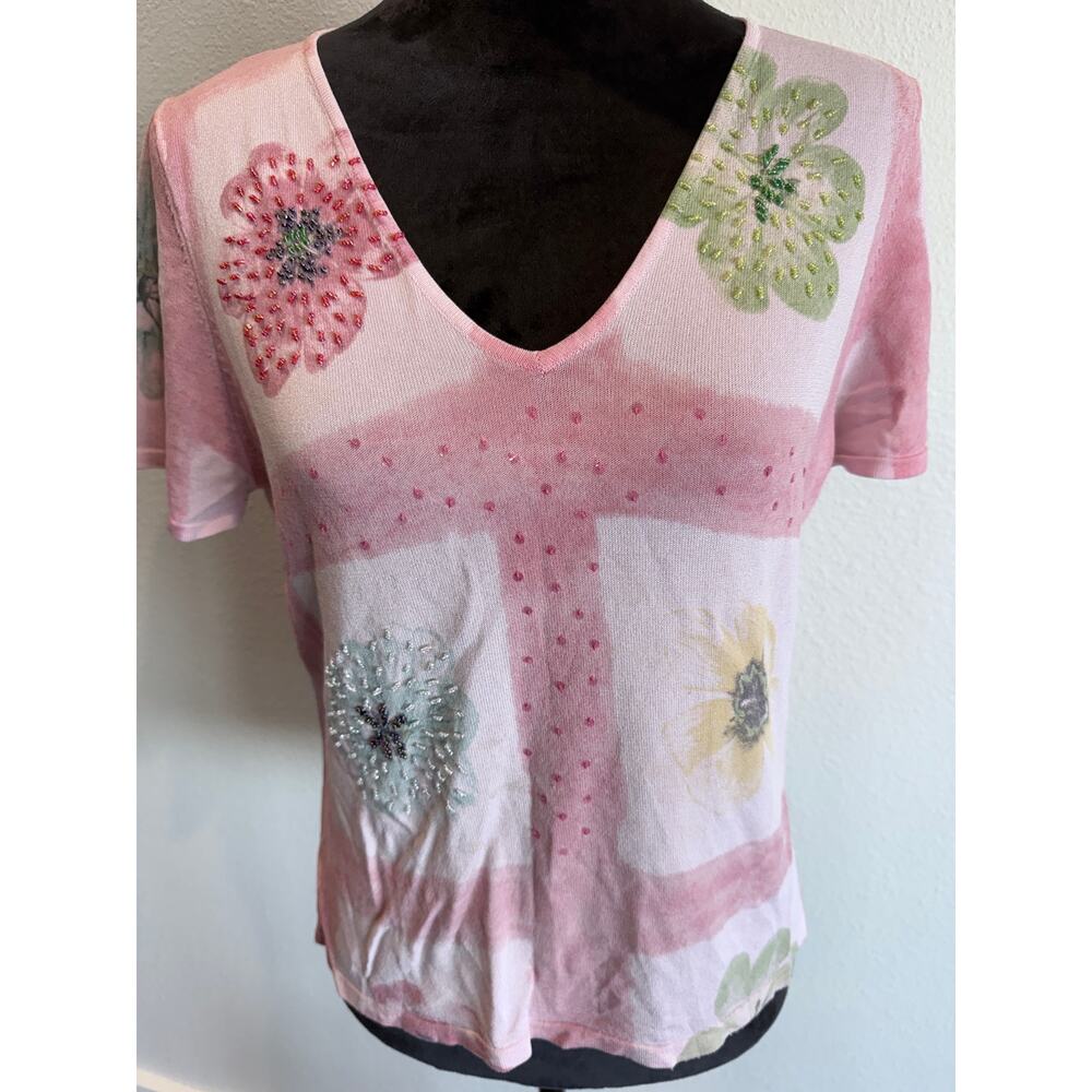 Vertigo Paris Womens XL Pink Floral Beaded V Neck Short Sleeve Sweater Top